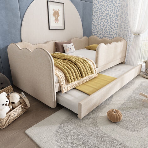 Divano letto per bambini 90x190cm, letto estraibile, rete a doghe imbottita, materasso non incluso, lino, beige
