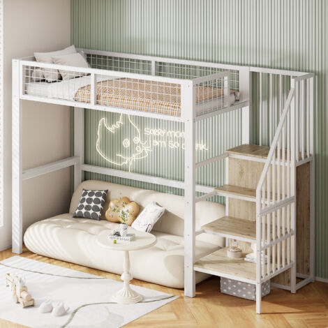 Letto a soppalco per bambini 90×200cm, letto singolo, con armadio e scaletta portaoggetti, sistema anticaduta, senza materasso, bianco+naturale