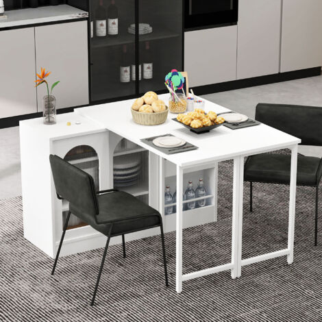 Buffet con tavolo da bar, girevole a 360°, con anta in vetro, 2 ripiani regolabili, MDF, 121,5×40×76,7 cm, bianco