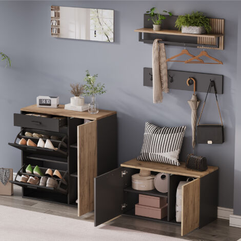 Set guardaroba, 2 scarpiere + specchio + 4 ganci + mensola a muro, mobili per soggiorno/ingresso, nero + naturale