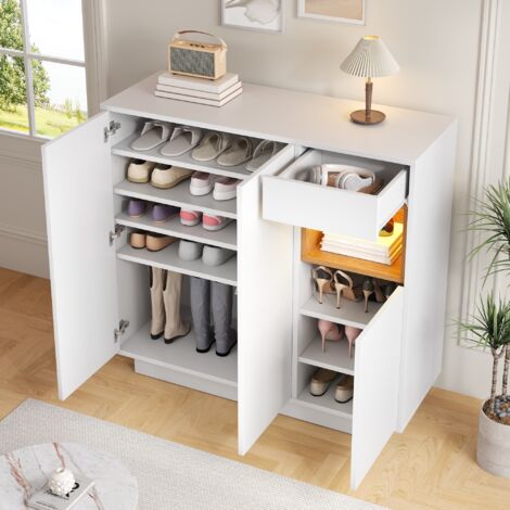 Scarpiera per 14-18 paia di scarpe, credenza da cucina con 3 ante e 1 cassetto, LED, ripiani regolabili, mobile per ingresso/soggiorno, bianco