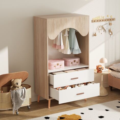 Armadio per bambini con 2 cassetti, mobili per camera da letto, armadio aperto, 80x46x141,5 cm, MDF, bianco + naturale