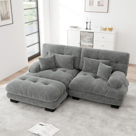 Divano angolare in ciniglia, 2 posti, 4 cuscini, divano con braccioli, 1 poggiapiedi, mobile soggiorno/camera da letto, 220×145×81cm, grigio