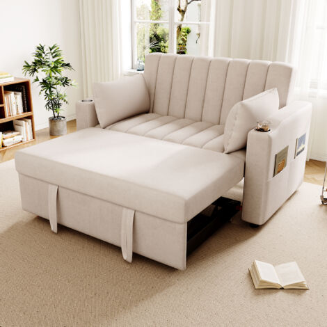 Divano letto a due posti con funzione letto, dotato di portabicchieri e cuscini, cotone e lino, beige