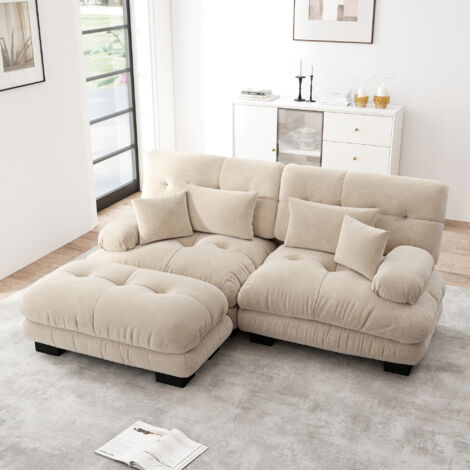 Divano angolare in ciniglia, 2 posti, 4 cuscini, divano con braccioli, 1 poggiapiedi, mobile soggiorno/camera da letto, 220×145×81cm, beige scuro