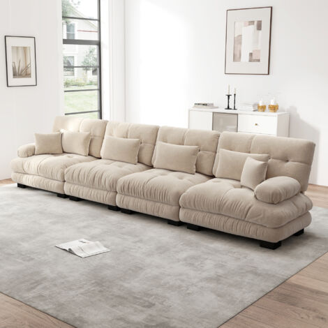 Divano dritto a quattro posti con sei cuscini, divano imbottito, mobile per soggiorno/camera da letto, tessuto ciniglia, 406×77×81cm, beige scuro