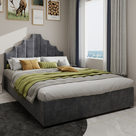 Letto contenitore per adulti 160x200 cm, idraulico, matrimoniale, rete a doghe imbottita, metallo + tessuto, senza materasso, grigio (1/5)