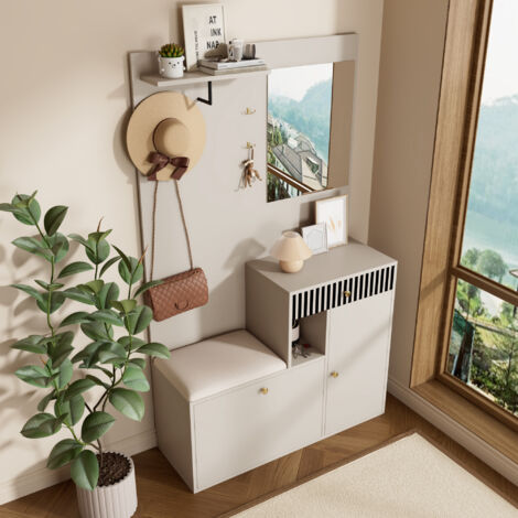Appendiabiti con specchio e sgabello, MDF, scarpiera con armadio, 110x185,5x37 cm, beige
