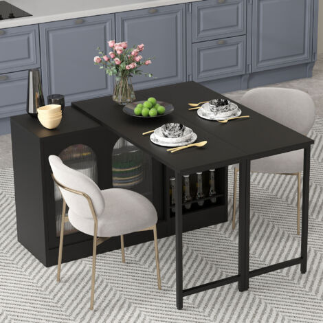 Buffet con tavolo da bar, girevole a 360°, con anta in vetro, 2 ripiani regolabili, MDF, 121,5×40×76,7 cm, nero