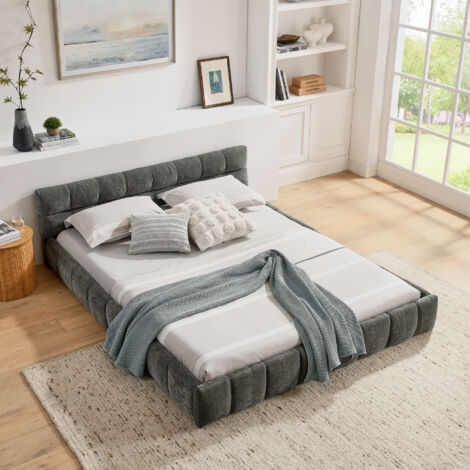 Letto per adulti 160x200 cm, letto matrimoniale imbottito, rete a doghe, senza materasso, tessuto ciniglia, grigio (1/5)