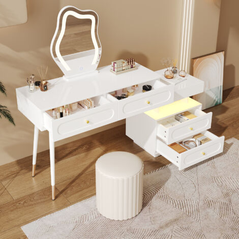 Toletta da camera da letto con specchio LED regolabile, 1 mobile contenitore, 4 cassetti, senza sgabello, 140×40×130 cm, bianco (1/5)