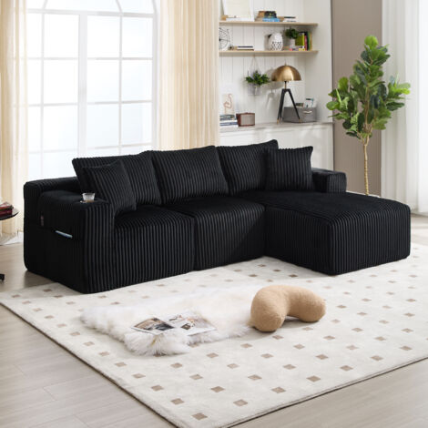 Divano angolare in velluto a coste, 3 posti, 5 cuscini, 2 portabicchieri, divano modulare, 257×90-160×62cm, nero