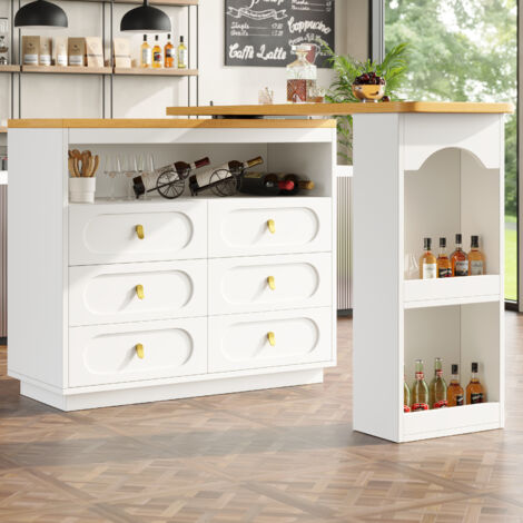 Tavolo da bar estensibile 138-203 cm, mobile bar girevole a 360°, credenza con 6 cassetti e vano a giorno, MDF - bianco