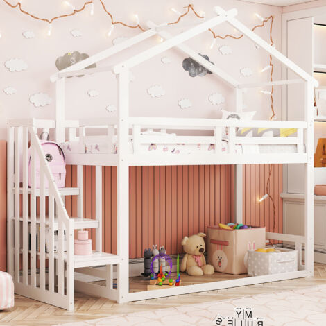 Letto a soppalco 90x200 cm con contenitore, letto per bambini, forma di casa, materasso non incluso, pino, bianco