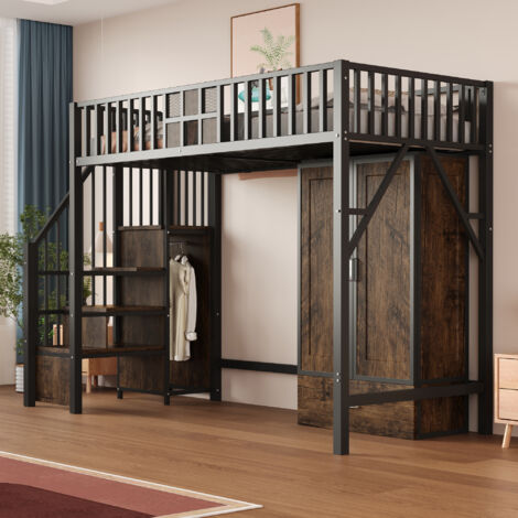 Letto a soppalco 90x200 cm, letto per bambini, con armadio e scaletta contenitore, senza materasso, anticaduta, metallo, nero + naturale