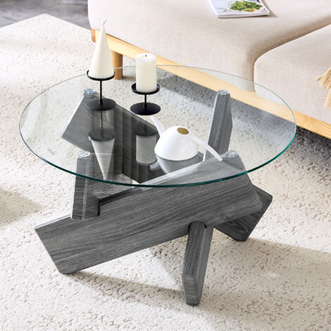 Tavolino rotondo in vetro con struttura in legno a forma di croce, tavolino laterale per divano - soggiorno camera da letto, MDF, grigio