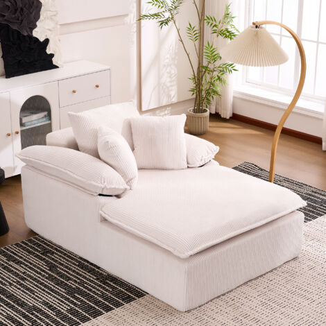 Divano relax, poltrona 1 posto con funzione letto, 2 braccioli e 3 cuscini, velluto a coste, stile moderno, bianco