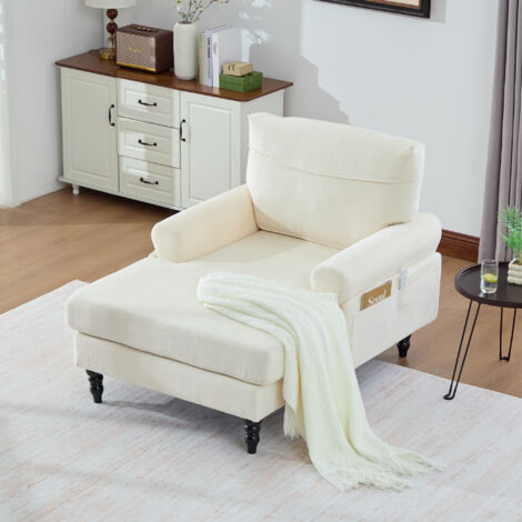 Divano relax, divano per soggiorno e camera da letto, poltrona con tasche laterali, gambe in legno, ciniglia - beige