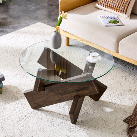 Tavolino rotondo in vetro con struttura in legno a forma di croce, tavolino laterale per divano - soggiorno camera da letto, MDF, marrone