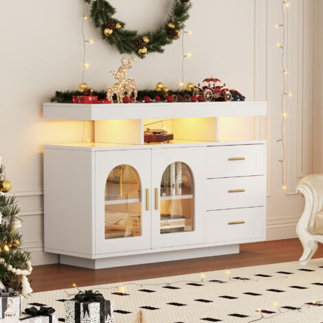 Credenza da cucina a LED, 2 ante e 3 cassetti, 120×40×80 cm, in acrilico e truciolare, mobile contenitore moderno, Bianco