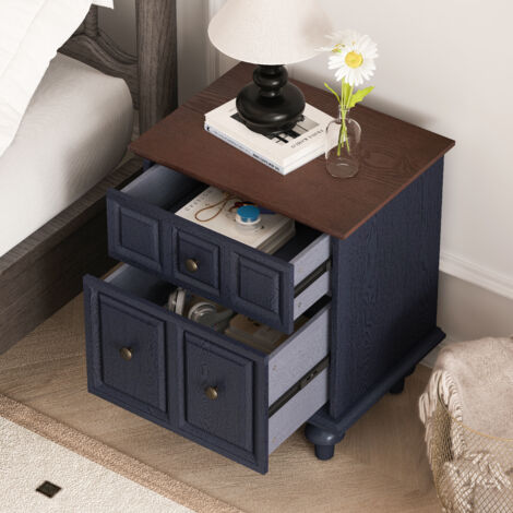 Comodino con contenitore, 2 cassetti, mobile basso per camera da letto/soggiorno, MDF, 52x40x60,5 cm, Blu scuro + Marrone