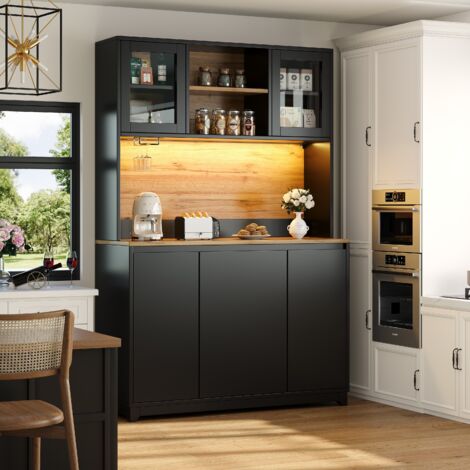 Mobile alto da cucina con illuminazione a LED, 2 ante in acrilico, 1 ripiano aperto, MDF, 120×40×180 cm, nero