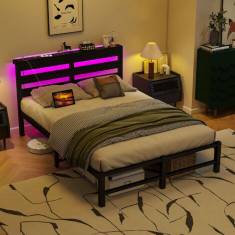 Letto per bambini 120x200 cm con LED e porta USB, letto singolo con contenitore sottostante, materasso non incluso, struttura in metallo, nero