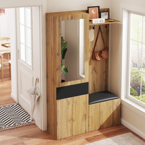 Appendiabiti indipendente con mensola e specchio, mobiletto d'ingresso 2 in 1 con scarpiera e 5 ganci, MDF, naturale