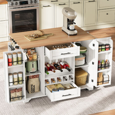 Carrello da cucina con tavolo da bar pieghevole, isola da cucina a 2 ante e 2 cassetti con portaspezie, 120×45/70×92 cm, MDF, bianco