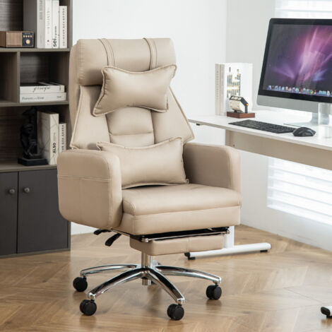 Sedia da ufficio girevole con rotelle e poggiapiedi, design ergonomico, schienale regolabile, supporto lombare e poggiatesta, PU, ​​Beige