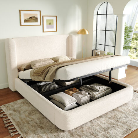 Letto contenitore 160×200 cm, letto matrimoniale per adulti con testiera imbottita, rete a doghe, tessuto bouclé, materasso non incluso, beige (1/5)