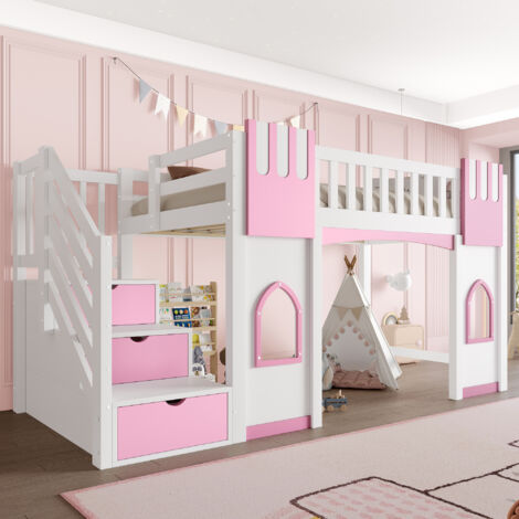 Letto a soppalco per bambini 90x200 cm, letto singolo/adolescente con scaletta contenitore e finestra, MDF + pino, bianco+rosa