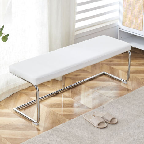 Panca da ingresso da 130 cm, panca portascarpe, adatta per soggiorno/camera da letto, base in metallo, rivestimento in PU, stile moderno, bianco