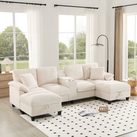Divano angolare a U da 4-5 posti, tessuto a coste con contenitore, portabicchieri in acciaio inox e 2 porte USB, 293×142×93 cm, beige