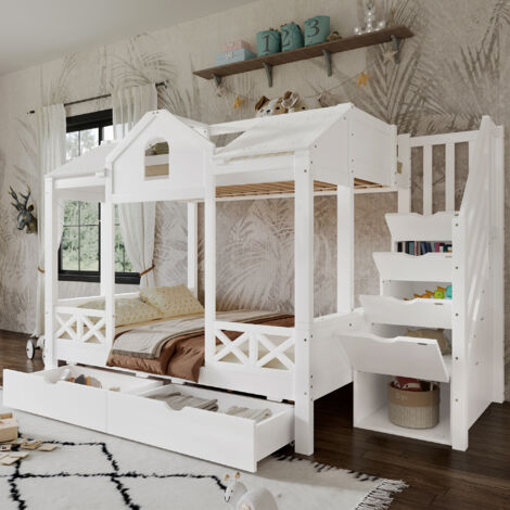 Letto Singolo Per Bambini Con 2 Finestre - Struttura In Pino E MDF Bianco, Dimensioni 207x97 Cm, Fino A 100kg - 5