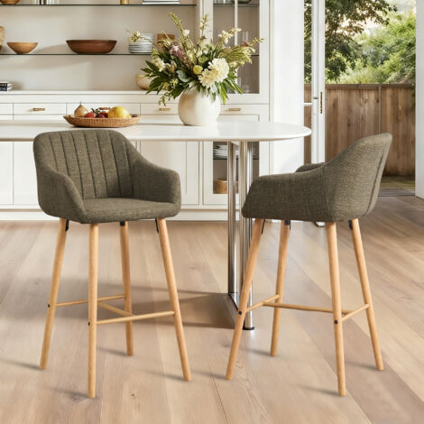 Set di 2 sgabelli da bar con schienale alto, braccioli e gambe in legno, adatti per cucina/sala da pranzo, 58,5x55x104 cm, lino verde