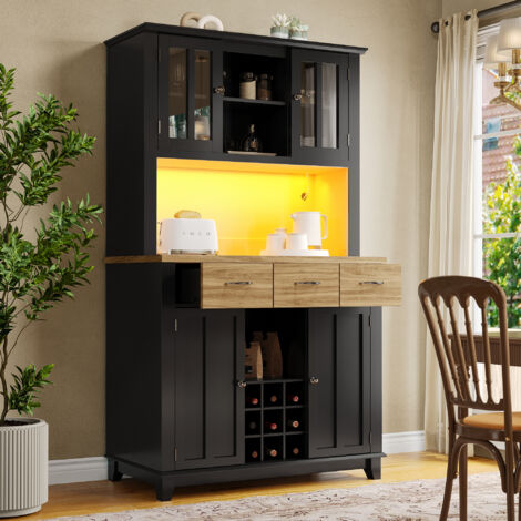 Credenza da cucina con illuminazione LED regolabile, pensile a 3 cassetti, ripiani regolabili, MDF 106×40×179,5 cm, nero