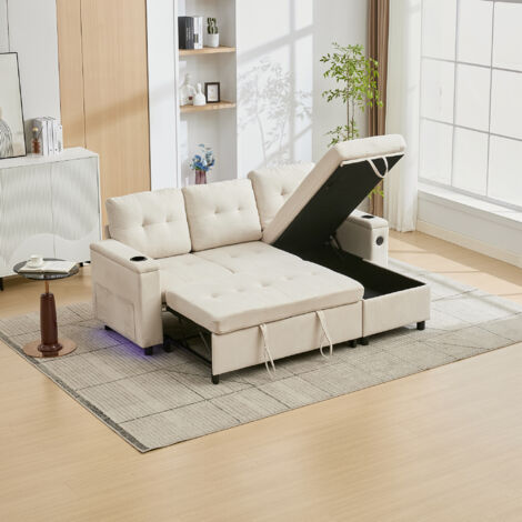Divano letto angolare a 3 posti, pieghevole con contenitore nascosto, illuminazione LED controllabile, USB/Type-C, 208x146x89,5 cm, tessuto beige