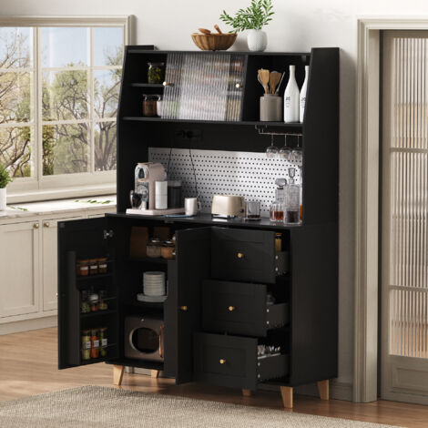 Credenza da cucina alta 184 cm, porte USB/Type-C, portabicchieri, spazio aperto, 3 cassetti, MDF nero