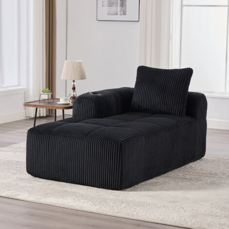 Divano in velluto a coste, Poltrona relax con tasche laterali e portabicchieri, 158x93x61 cm - 1 posto, Nero