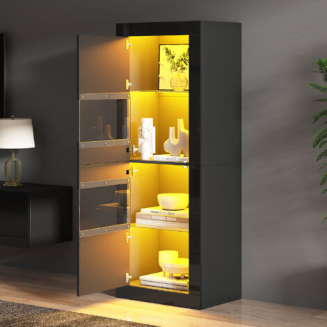 Vetrina LED nera, mobile alto da soggiorno con 3 ripiani (2 regolabili) in vetro temperato, ante in acrilico, 61×42×162 cm