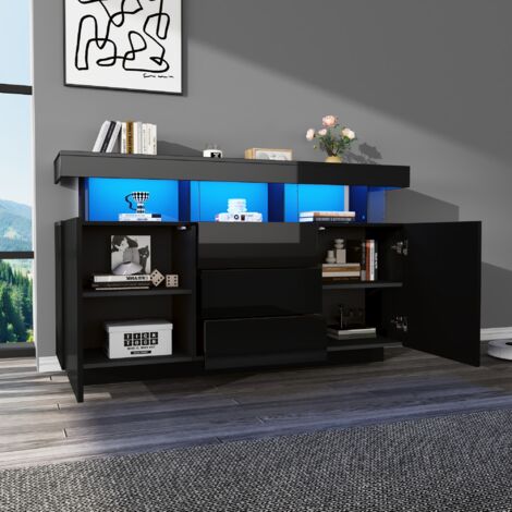 SONGMICS Mueble de Almacenamiento con 9 cajones con iluminación LED, regleta con Marco de Acero, 33,5 x 114 x 84 cm, para Dormitorio, salón, Color Blanco Nube LTS519W02