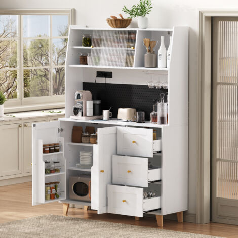 Credenza da cucina alta 184 cm, porte USB/Type-C, portabicchieri, spazio aperto, 3 cassetti, MDF bianco