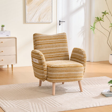 Poltrona relax in tessuto bouclé, seduta imbottita con schienale ergonomico, tasca laterale, gambe in legno, portata 230 kg, 77×81×87 cm, colore giallo (1/5)