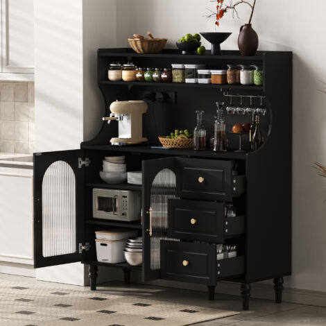 Credenza alta portaoggetti per cucina/sala da pranzo, 3 cassetti, anta in vetro rigato, porte USB/Type-C, 120x40x138,5 cm, MDF nero