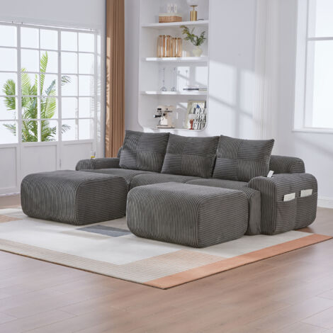 Divano angolare componibile in velluto a coste, 2 poggiapiedi, portabicchieri e tasca laterale, combinazione libera - 3 posti, 268×174×80 cm, grigio scuro