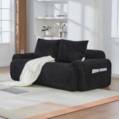 Divano angolare componibile in velluto a coste, con portabicchieri e tasca laterale - 2 posti, 200×99×80 cm, nero