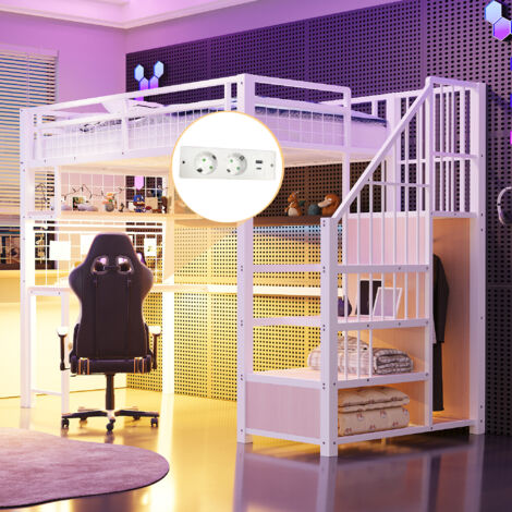 Letto a soppalco per bambini in metallo 90x200 cm con scrivania, scaletta contenitore e armadio a muro, materasso non incluso, anticaduta, bianco