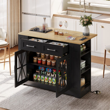 Isola cucina 120x40/65x92 cm, carrello mobile con piano ribaltabile, 6 ripiani, ante in vetro, MDF nero/naturale