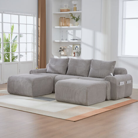 Divano angolare componibile in velluto a coste, 2 poggiapiedi, portabicchieri e tasca laterale, combinazione libera - 3 posti, 268×174×80 cm, grigio chiaro